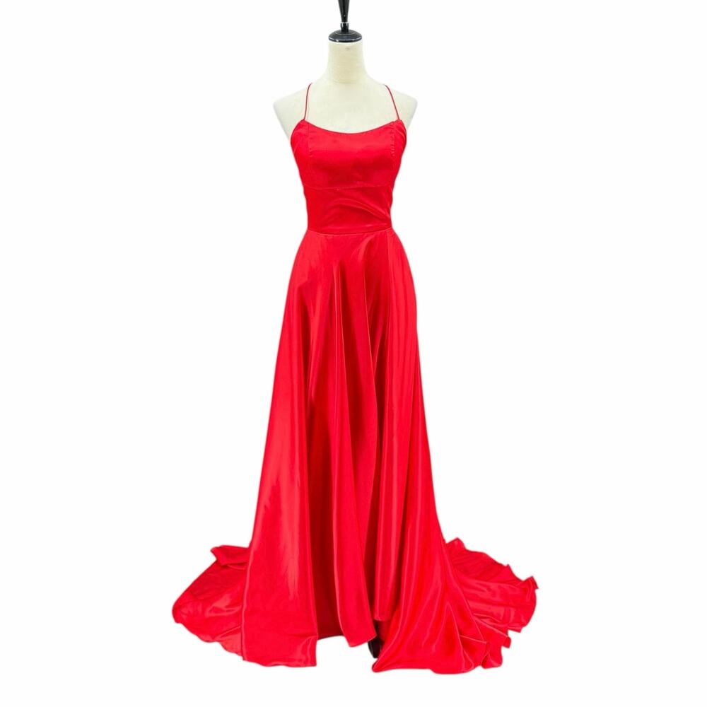 Sherri Hill Red Satin Strappy Lace Up Back Valentines A-Line Formal Prom Dress - Picture 3 of 13